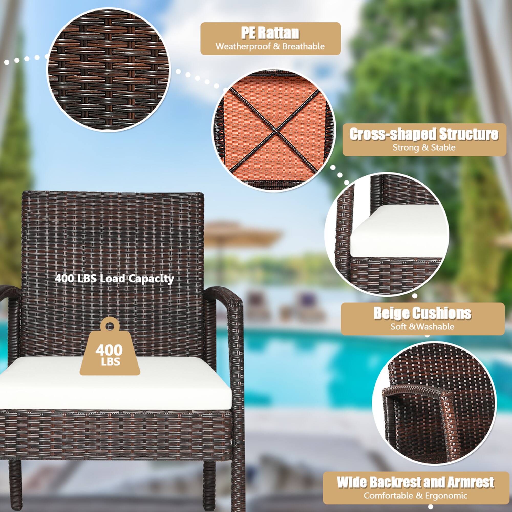 PE Rattan Weatherproof & Breathable, Cross-shaped Structure Strong & Stable, 400 LBS Load Capacity, Beige Cushions Soft & Washable, Wide Backrest and Armrest Comfortable & Ergonomic