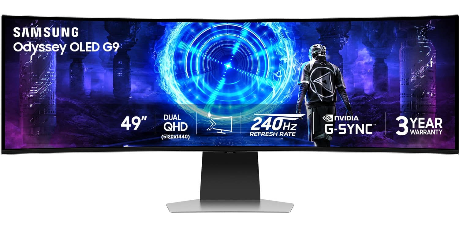 Samsung - 49" Odyssey OLED G9 Curved Dual-QHD 240Hz FreeSync Prem Pro and G-Sync Compatible Smart Glare Free Gaming Monitor - Silver - Front_Zoom