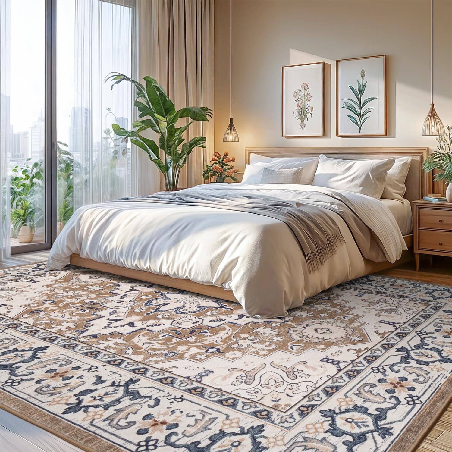 Alt View 1. Stylel Star - 5x7 Area Rugs Living Room Washable Rug Bedroom Kitchen Vintage Boho Carpet Soft Non Slip Low Pile Large Office Dining - Floral Brown.