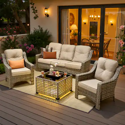 Front. Ovios - 4 PCS Patio Furniture Set 3 Seat Comfy Sofa All-Weather Wicker Armchairs with Coffee Table - Beige.