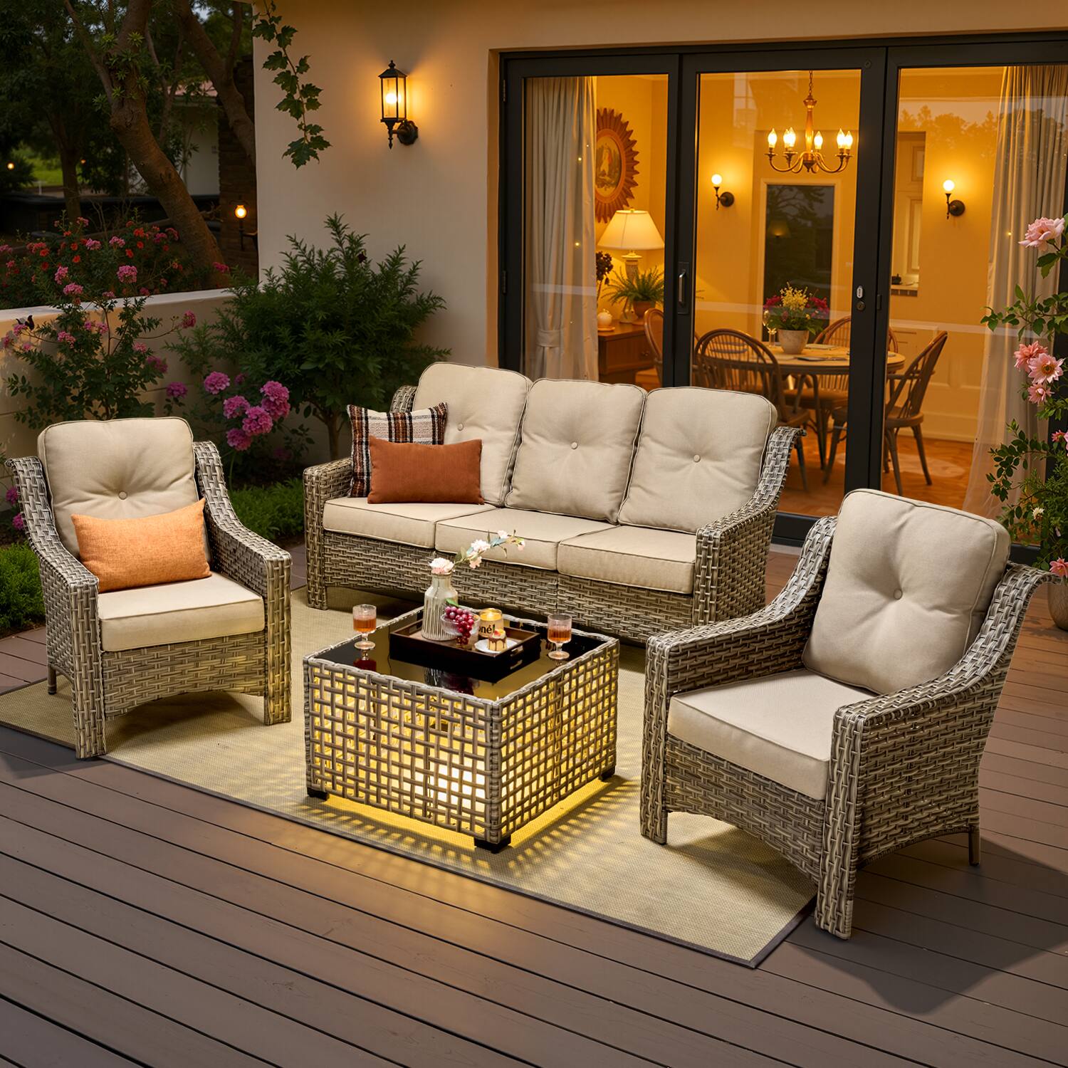 Front. Ovios - 4 PCS Patio Furniture Set 3 Seat Comfy Sofa All-Weather Wicker Armchairs with Coffee Table - Beige.