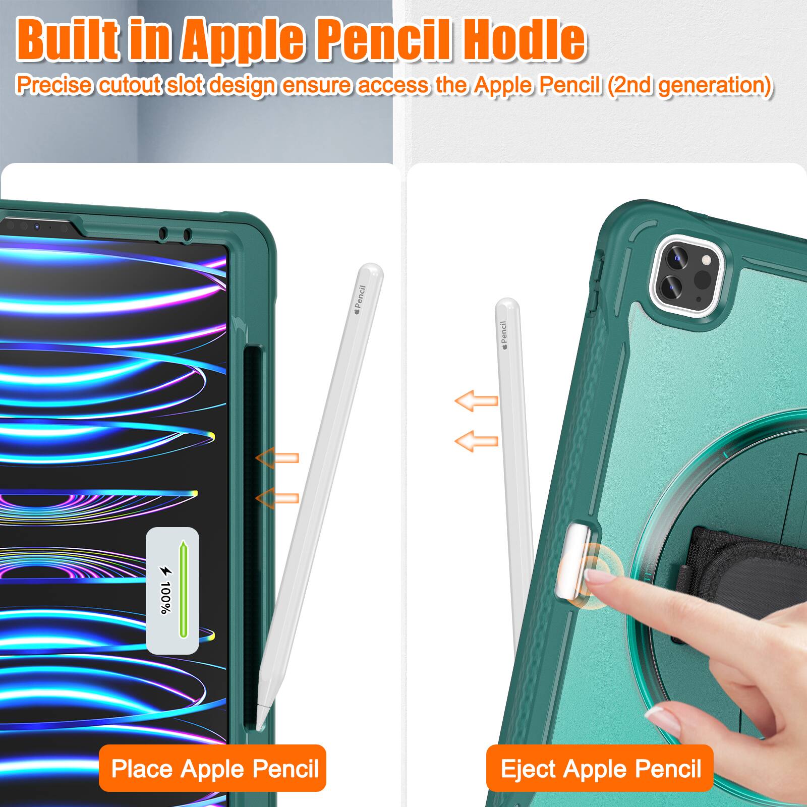 Built in Apple Pencil Hold

Precise cutout slot design ensures access to the Apple Pencil (2nd generation)

Place Apple Pencil

Eject Apple Pencil