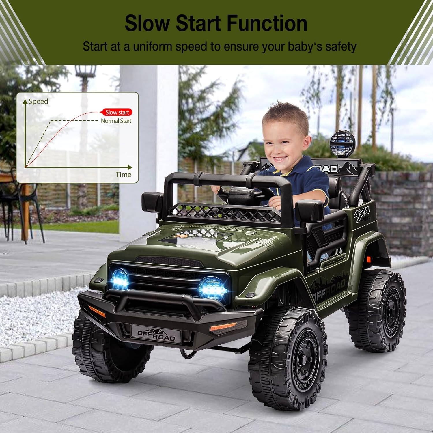 Slow Start Function  
Start at a uniform speed to ensure your baby's safety  

Speed  
Slow start  
Normal Start  
Time  

OFFROAD  
4X4  
OFFROAD