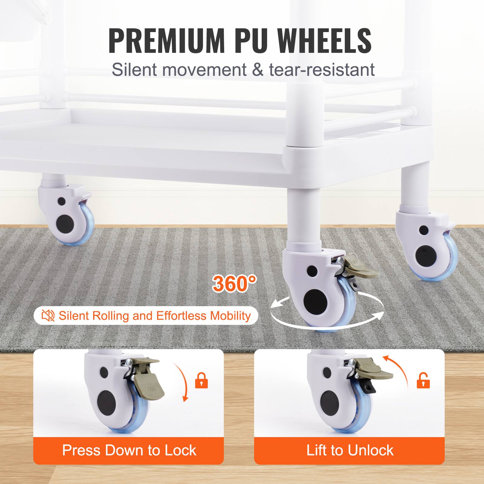 PREMIUM PU WHEELS, Silent movement & tear-resistant, 360°, Silent Rolling and Effortless Mobility, Press Down to Lock, Lift to Unlock