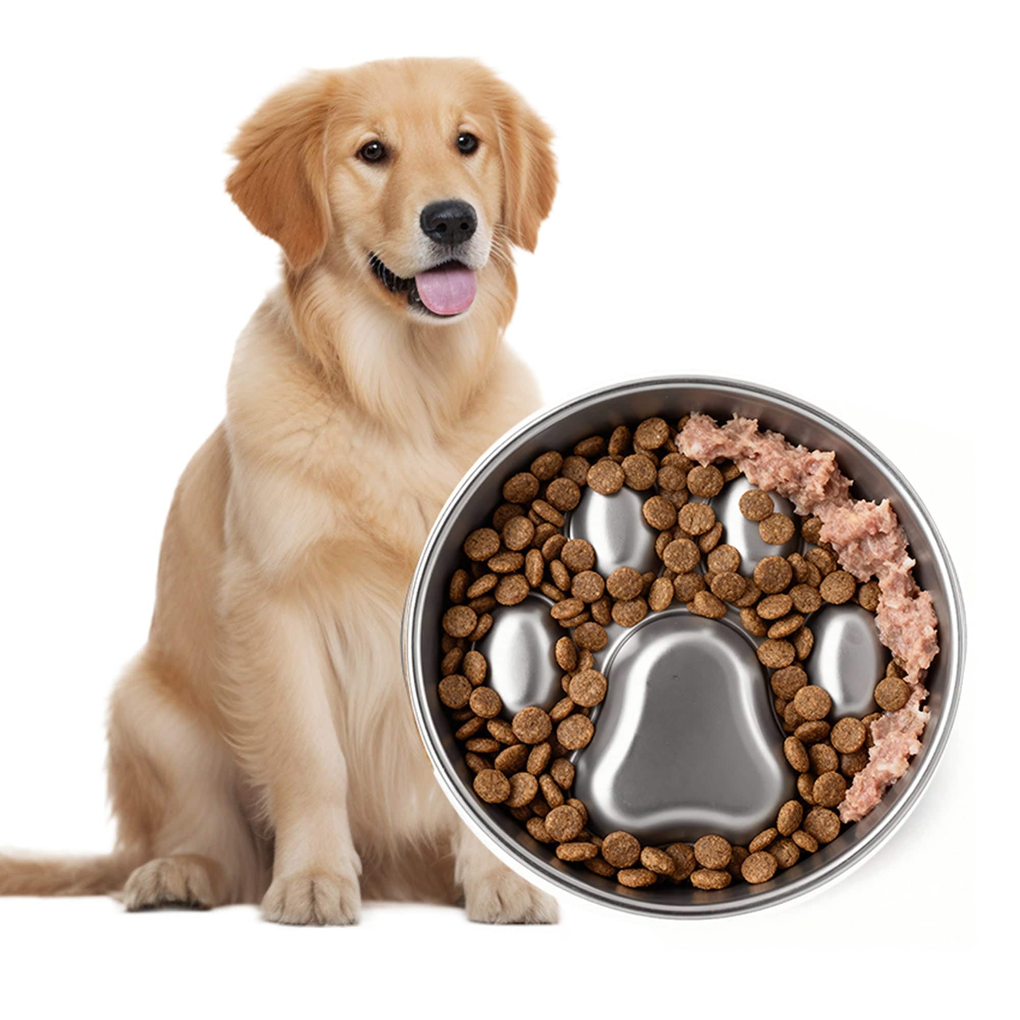 PawsPik - Stainless Steel Four-Ridge Slow Feeder Dog Bowl - Silver