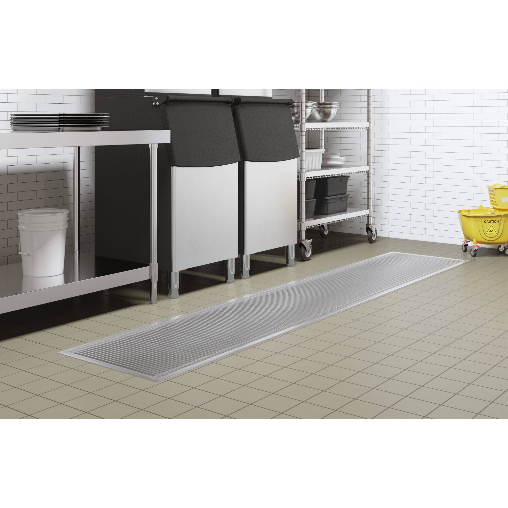 Left. Koolmore - 24" x 108" Stainless Steel Floor Trough Drain, 14-Gauge with Subway-Style Grating & Removable Drain Basket, NSF Listed - Stainless-Steel.