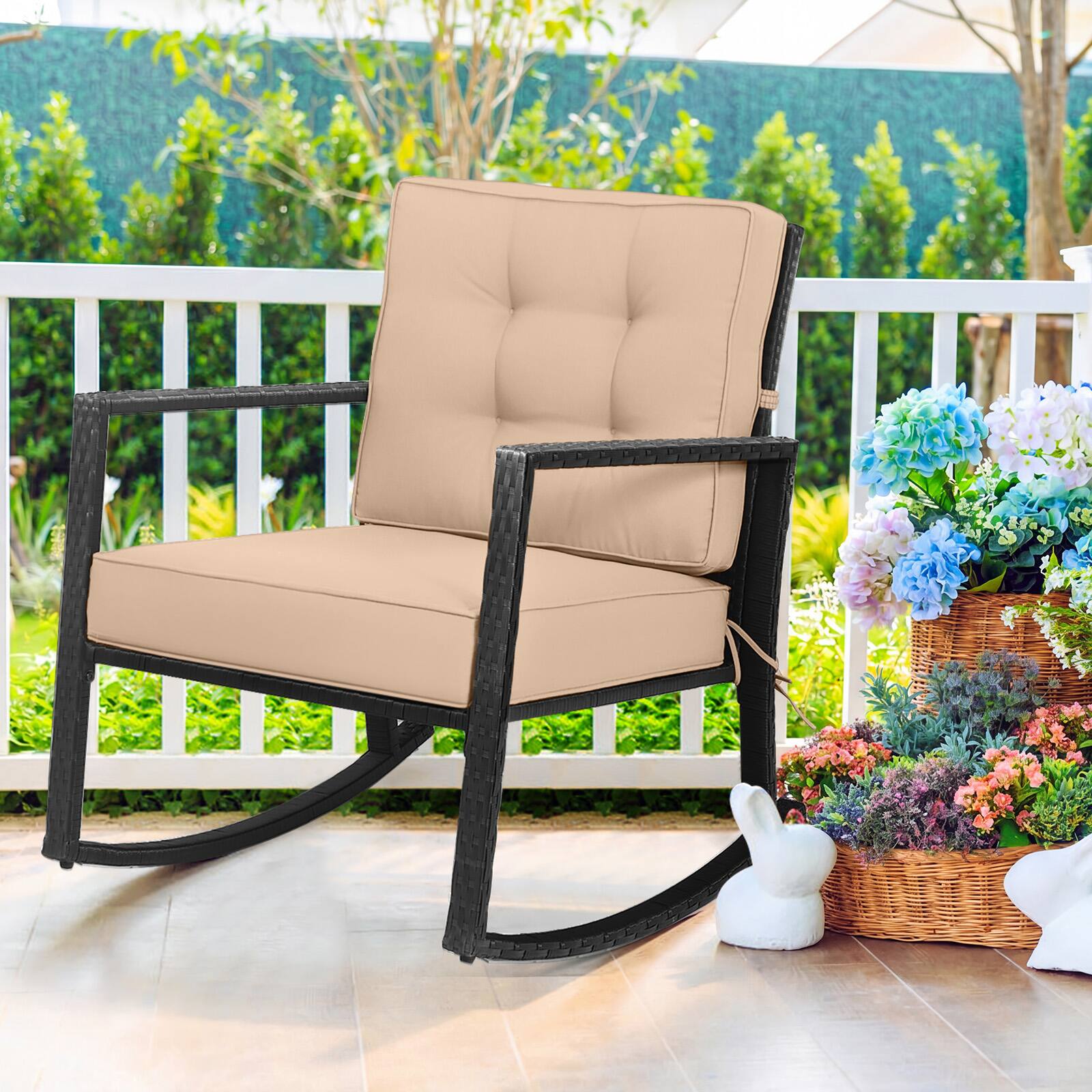 Alt View 1. Costway - Costway 2PCS Patio Rattan Rocker Chair Outdoor Glider Rocking Chair Cushion Lawn - Black+Beige.