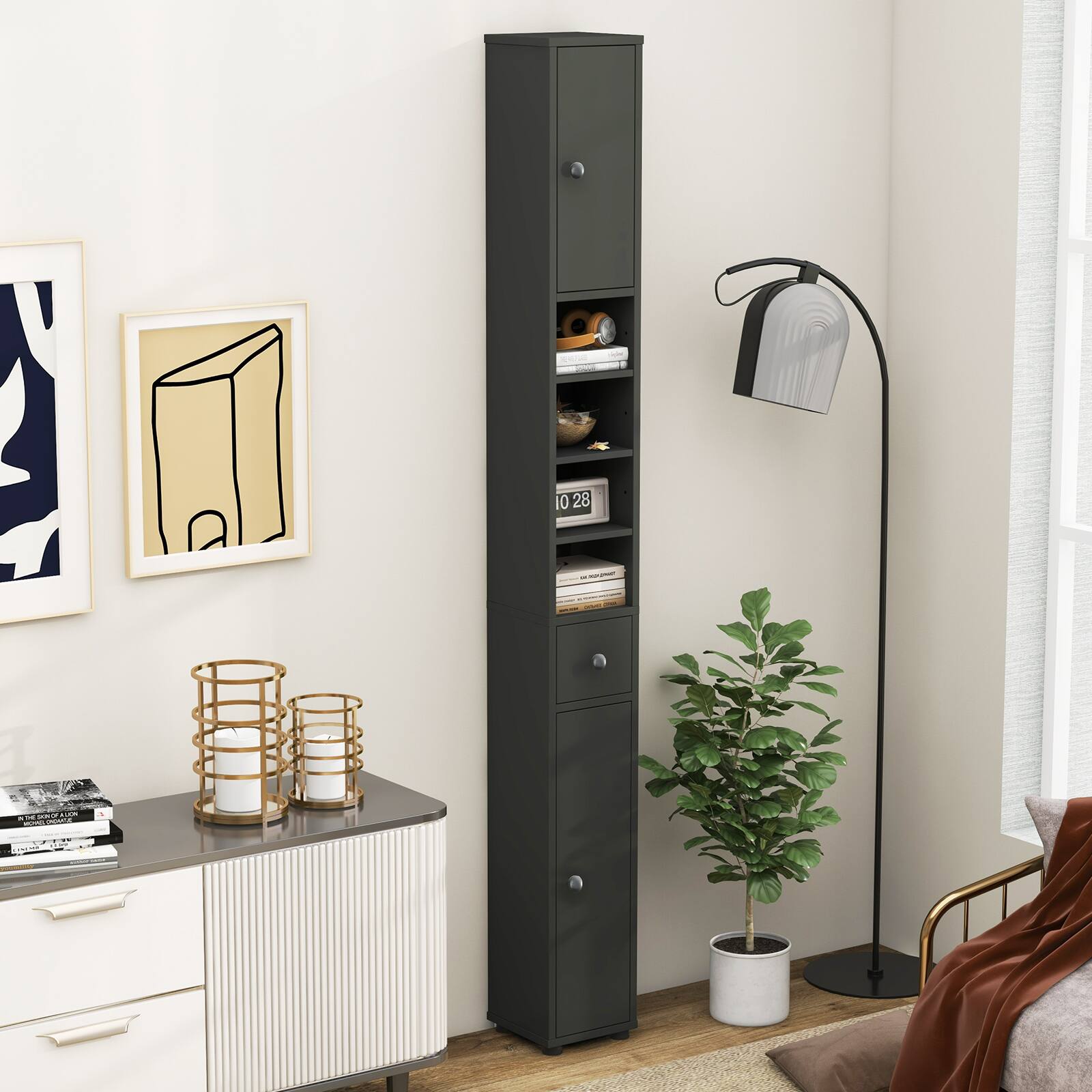Alt View 1. Gymax - Gymax Tall Slim Bathroom Storage Cabinet Linen Tower w/Drawer Adjustable Shelves Gray - Gray.