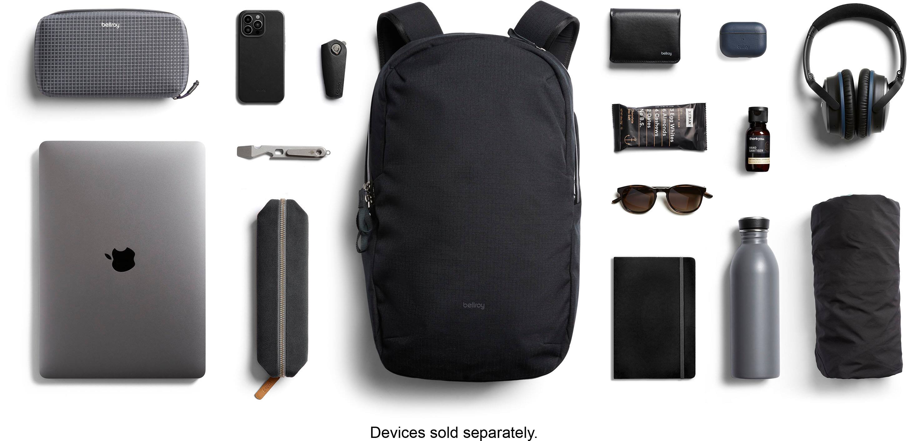 The image features a variety of items, including a backpack, a laptop, a cell phone, a wallet, a water bottle, and headphones. The text on the image reads "devices sold separately." This suggests that the items displayed in the image are not necessarily part of a single package or bundle, and that they are available for purchase individually.