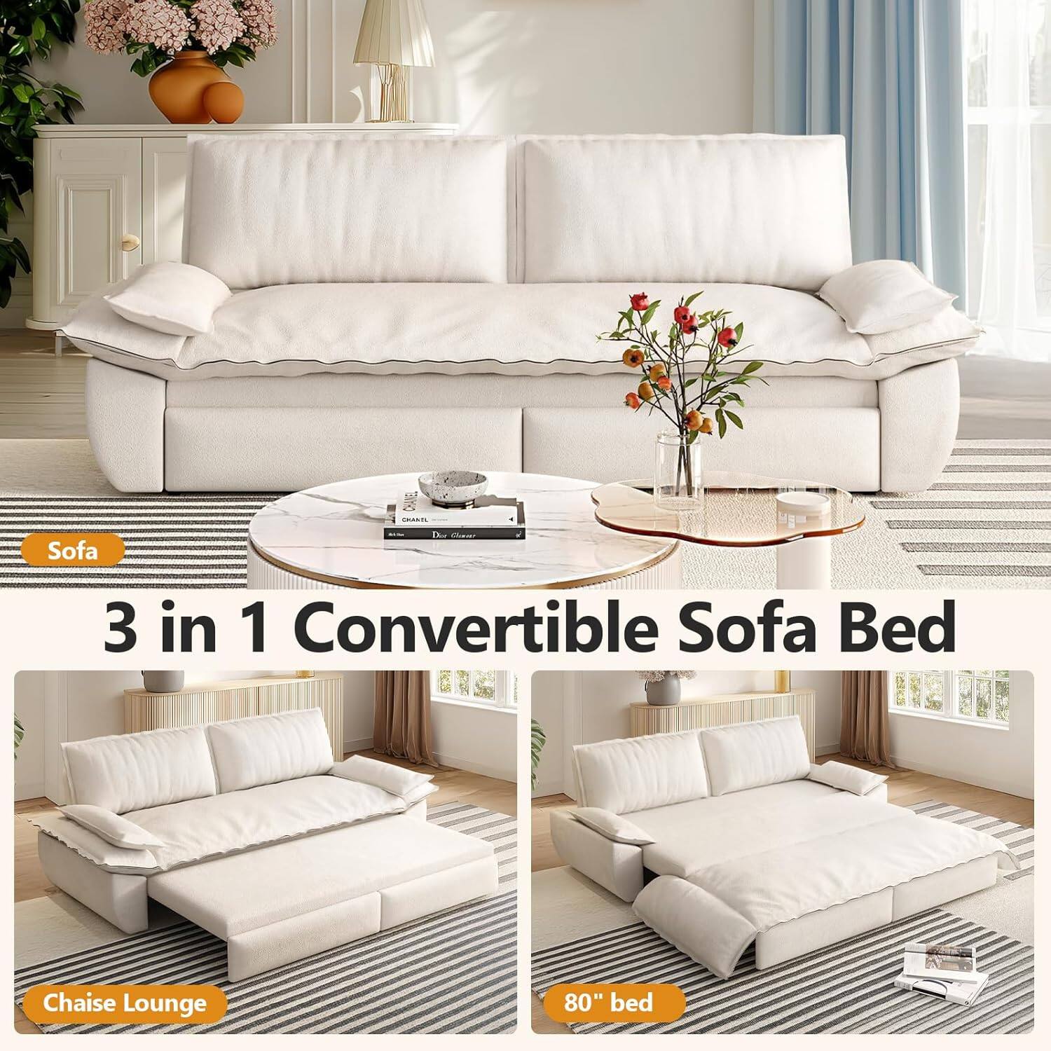 - Sofa
- 3 in 1 Convertible Sofa Bed
- Chaise Lounge
- 80" bed