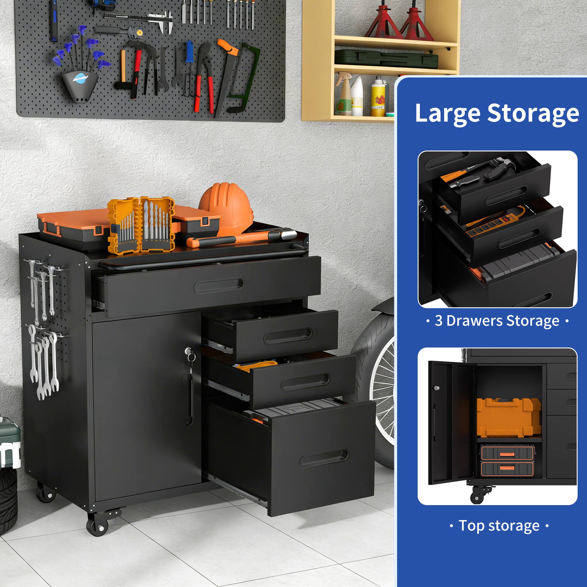 Large Storage

- 3 Drawers Storage
- Top storage