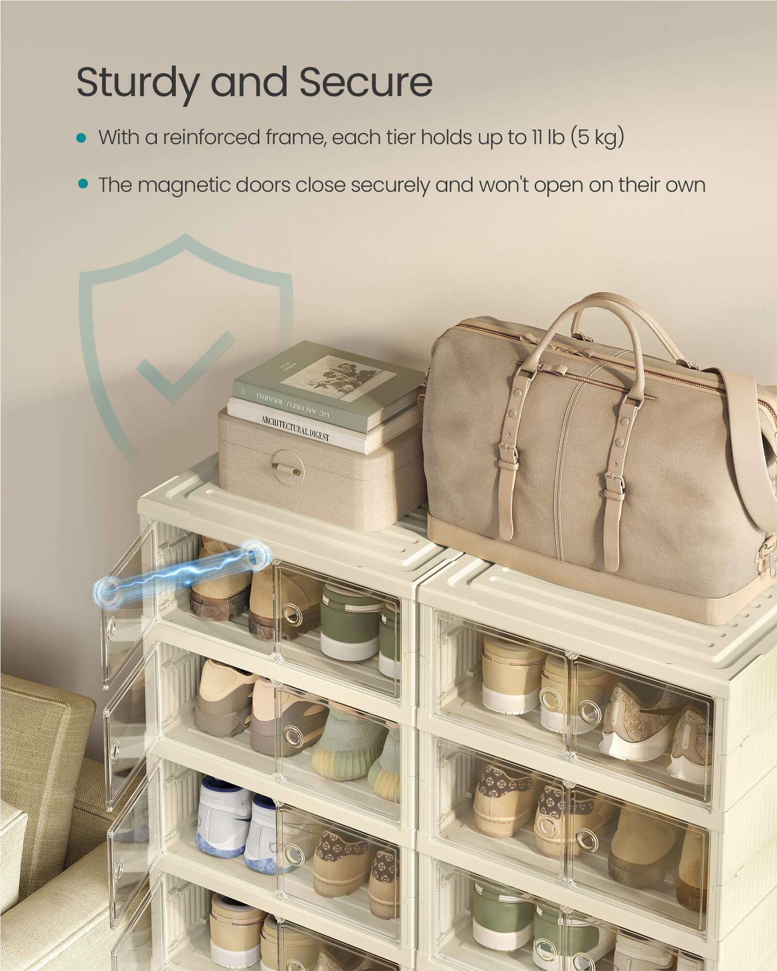 Sturdy and Secure

- With a reinforced frame, each tier holds up to 11 lb (5 kg)
- The magnetic doors close securely and won't open on their own