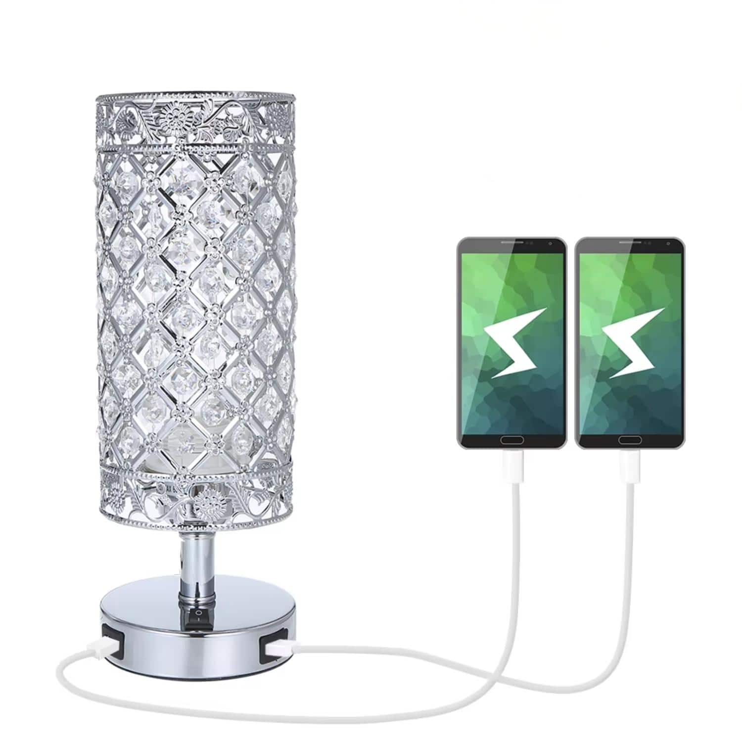 Luckbyte - Modern Crystal Bedside Lamp With Dual USB Charging Port Nightstand Light For Bedroom Living Room - Clear