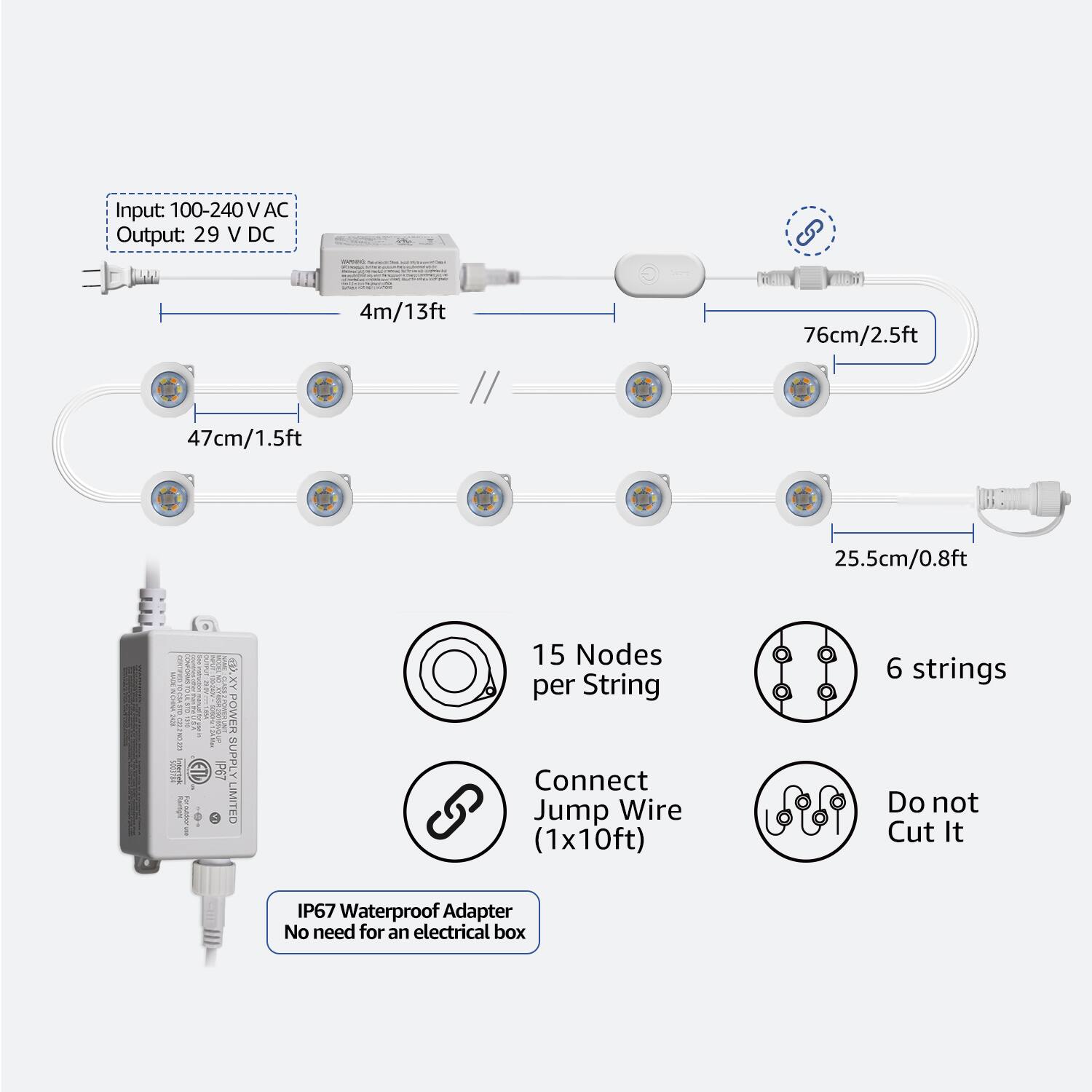 Input: 100-240V AC  
Output: 29V DC  

4m/13ft  
47cm/1.5ft  
76cm/2.5ft  
25.5cm/0.8ft  

15 Nodes per String  
6 strings  

Connect Jump Wire (1x10ft)  
Do not Cut It  

IP67 Waterproof Adapter  
No need for an electrical box  

POWER SUPPLY LIMITED
