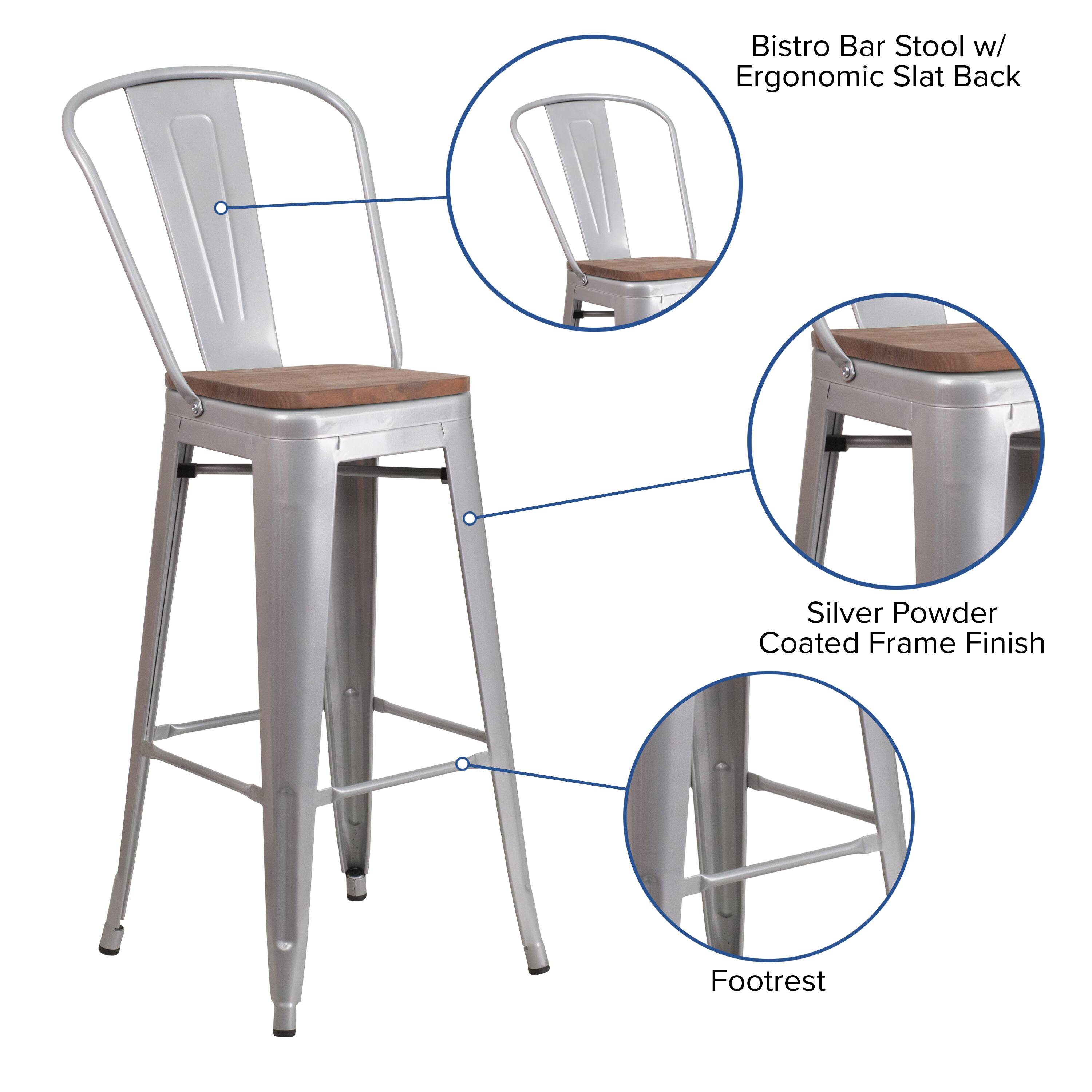 Bistro Bar Stool w/ Ergonomic Slat Back  
Silver Powder Coated Frame Finish  
Footrest