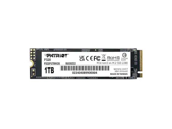 PATRIOT
P320
P320P1TBM28
1TB
UK CE FC ROHS
D36204
9SE00222
PCle Gen3 x4 M.2 SSD 2280
Warranty void if label removed
MADE IN TAIWAN
022404089900004