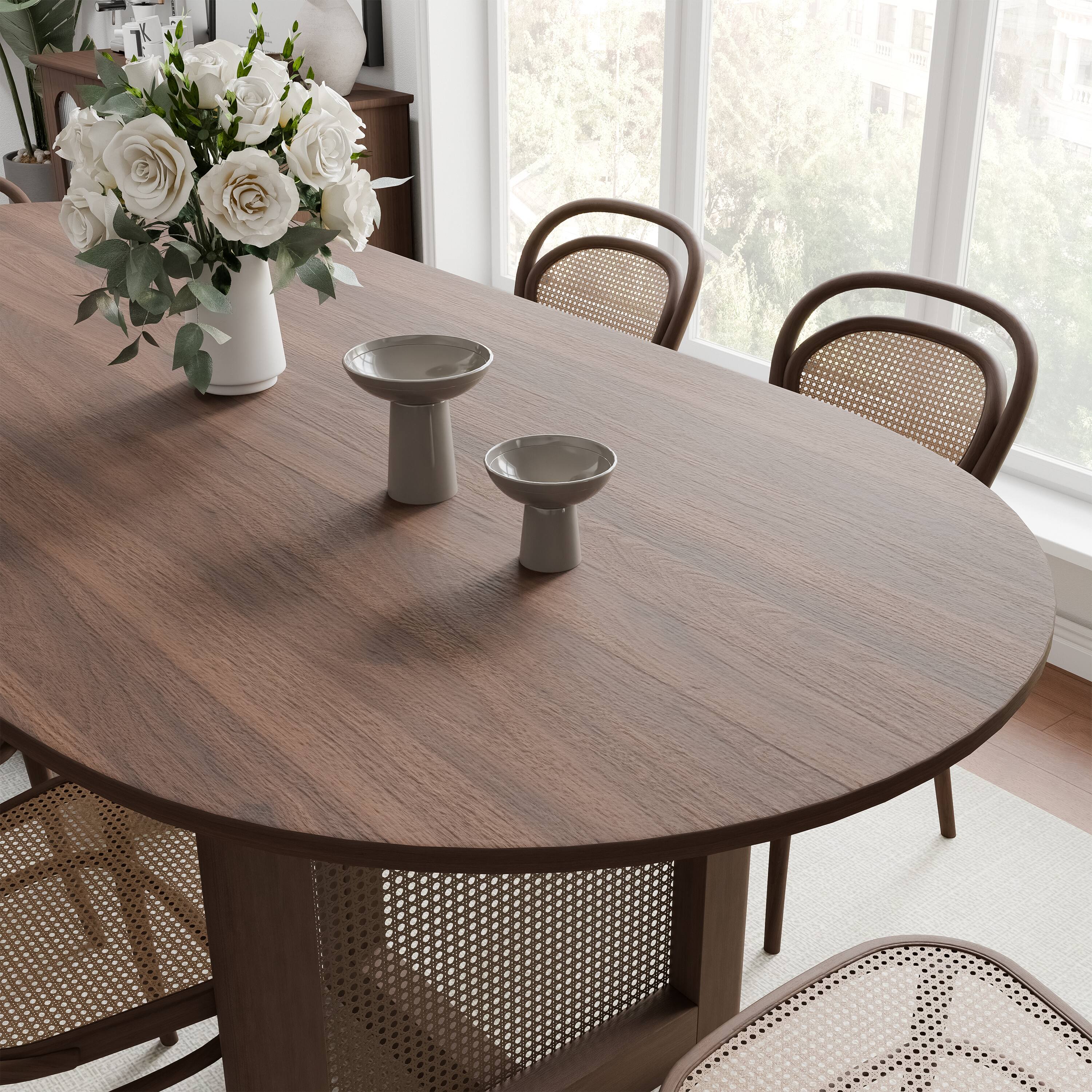Alt View 3. PexFix - Modern Farmhouse Oak Dining Table | Oval Rattan & Solid Wood, Double Pedestal Base for 6, 67-Inch - Walnut.