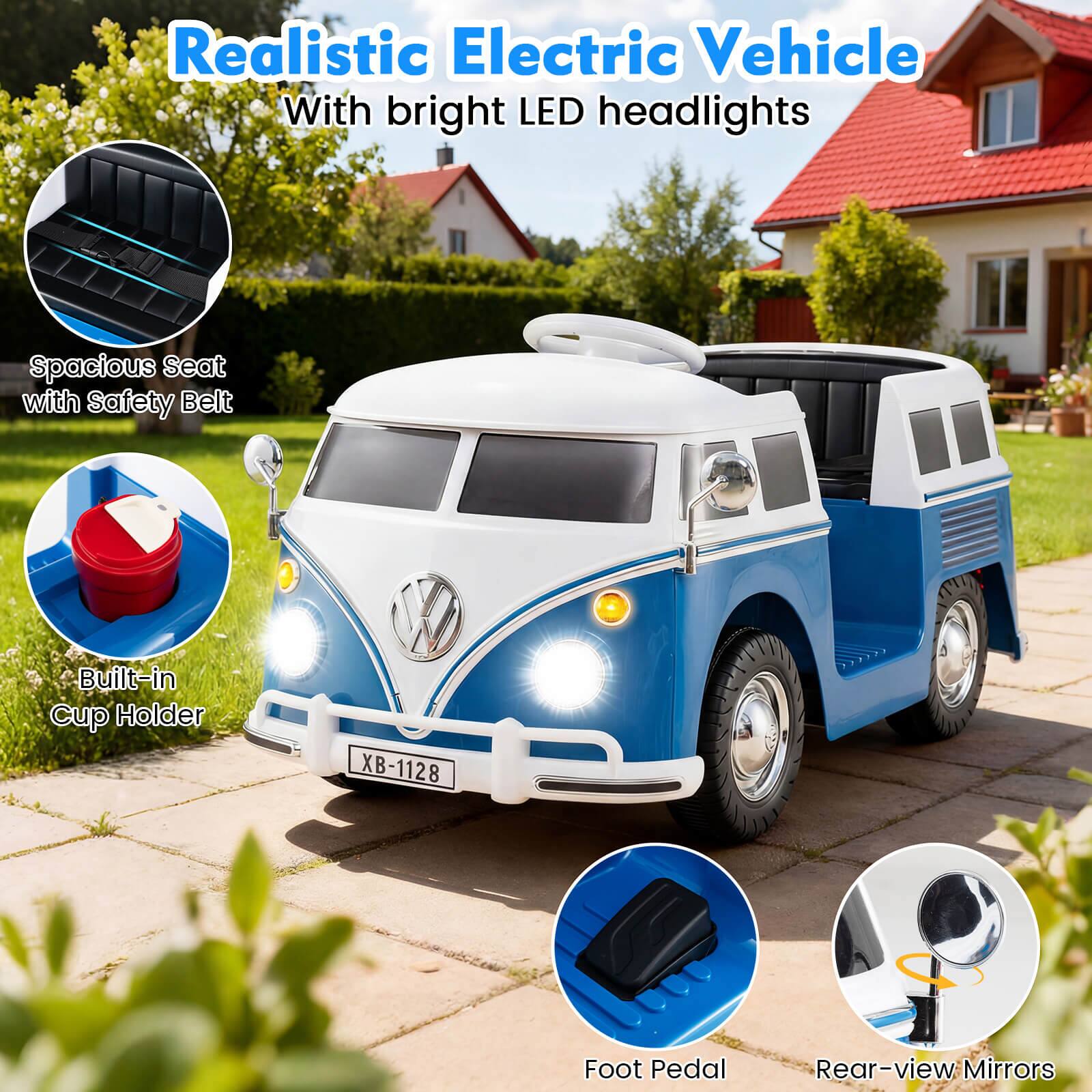 Realistic Electric Vehicle  
With bright LED headlights  
Spacious Seat with Safety Belt  
Built-in Cup Holder  
Foot Pedal  
Rear-view Mirrors