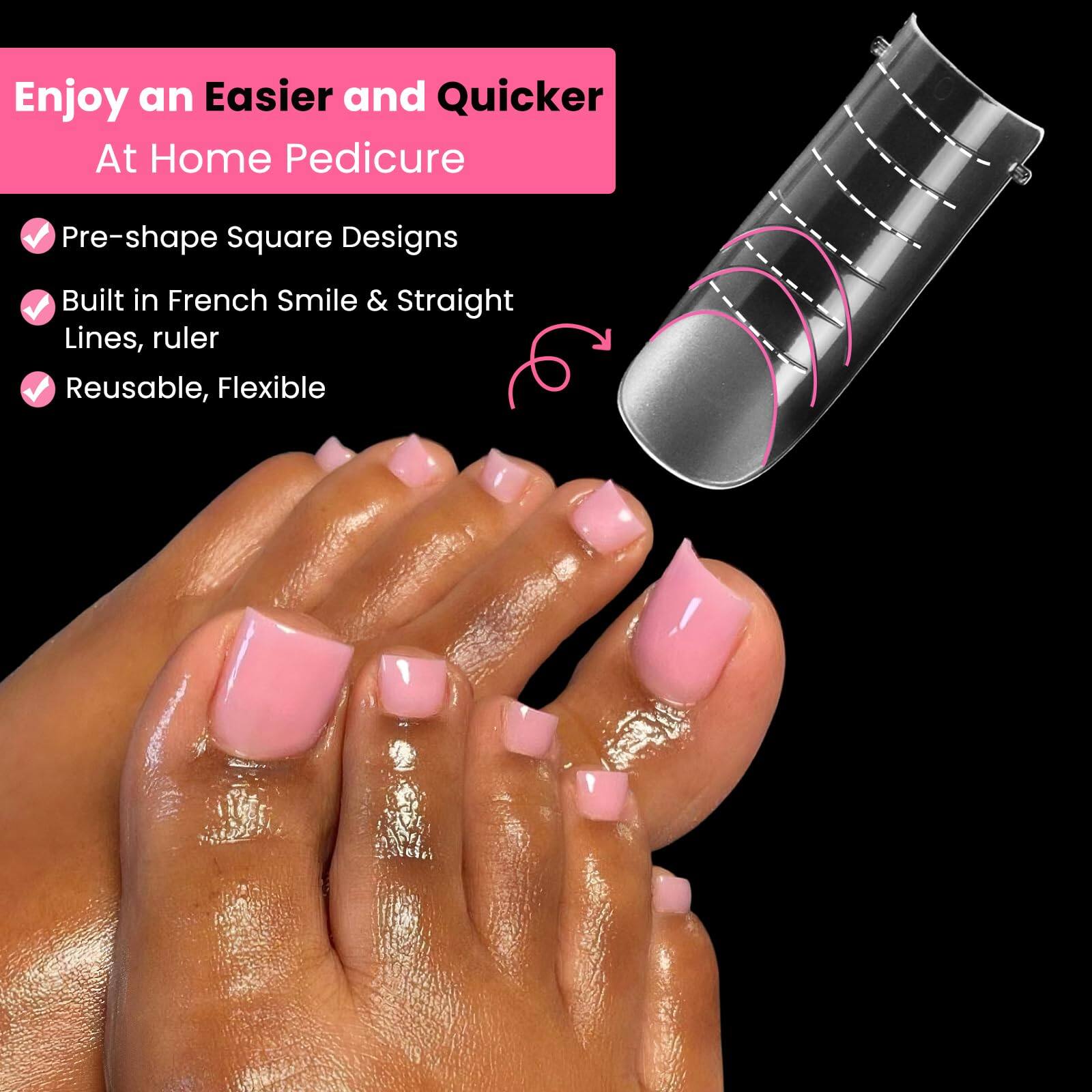 Enjoy an Easier and Quicker At Home Pedicure

- Pre-shape Square Designs
- Built in French Smile & Straight Lines, ruler
- Reusable, Flexible