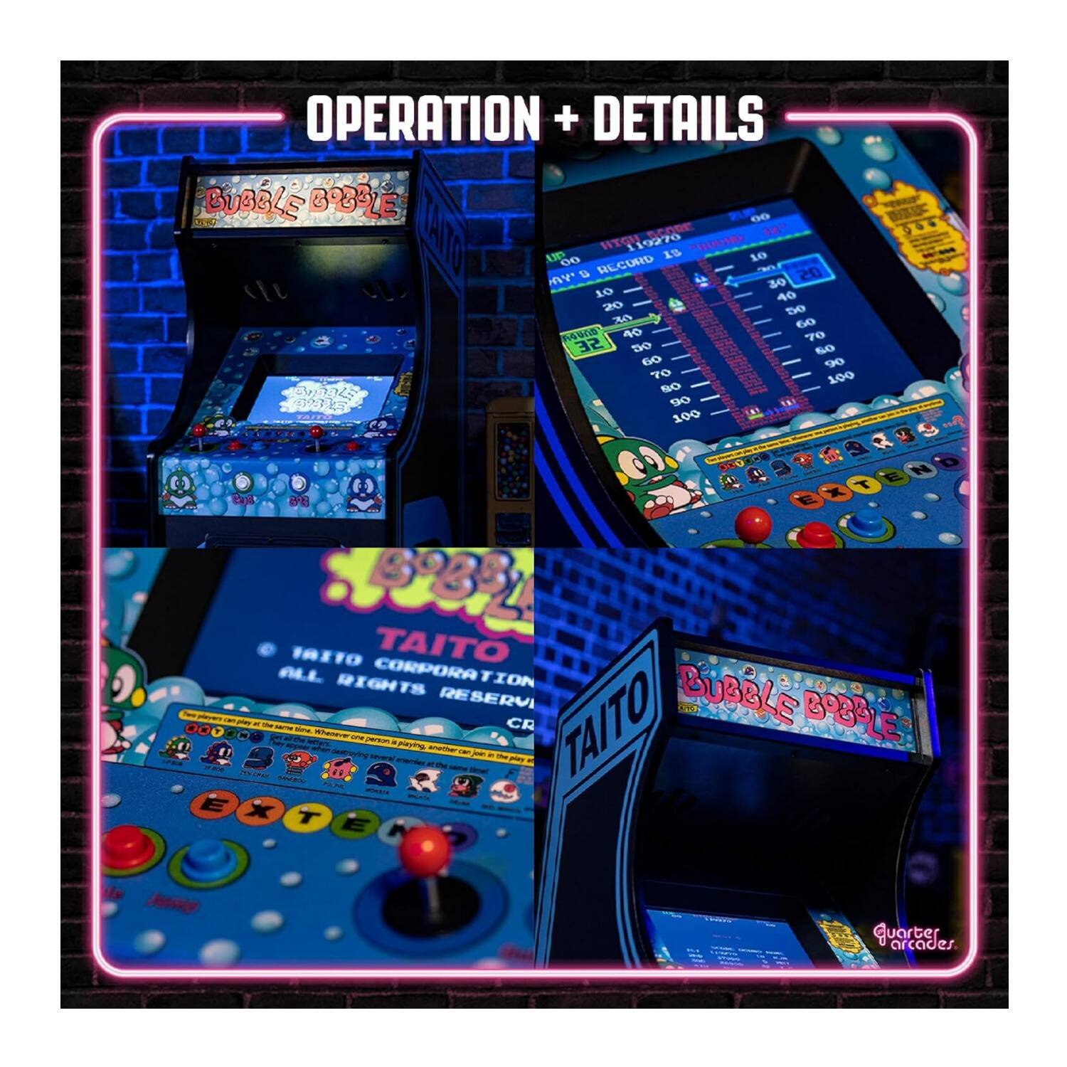 OPERATION + DETAILS

BUBBLE BOBBLE

SCORE 120
HIGH 119270
RECORD 10

AY 0 30 20 40 20 50 20 60
ROUND 40 70 32 50 50 60 90 70 100 32325 90 100

TAITO
TAITO CORPORATION
ALL RIGHTS RESERVED

play N the same time. Whenever one person is playing, another can join

TAITO BABBLE

WONDAN T

Quarter arcades
