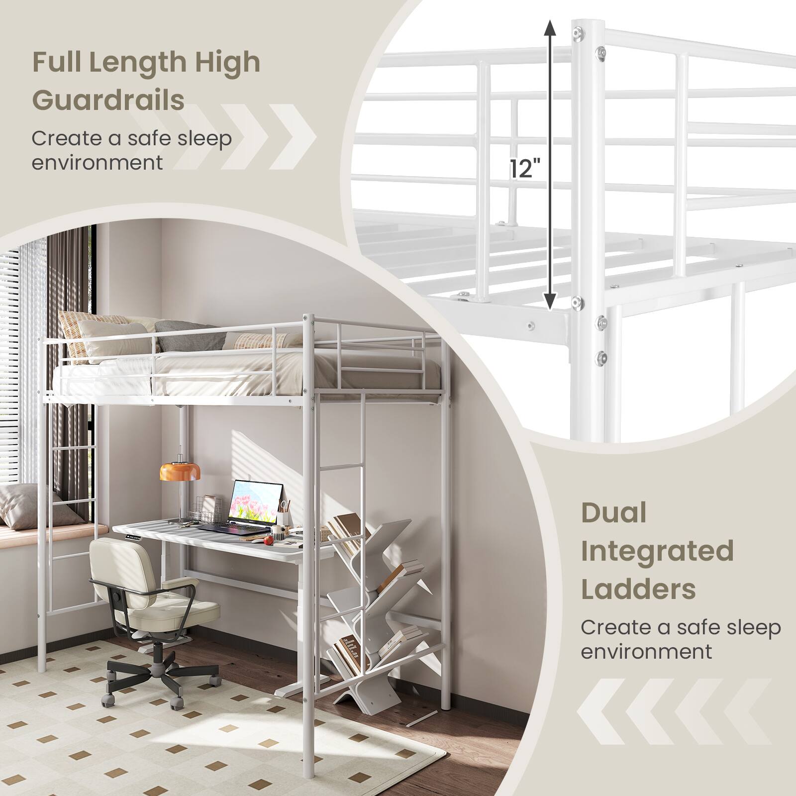 Full Length High Guardrails Create a safe sleep environment

Dual Integrated Ladders Create a safe sleep environment