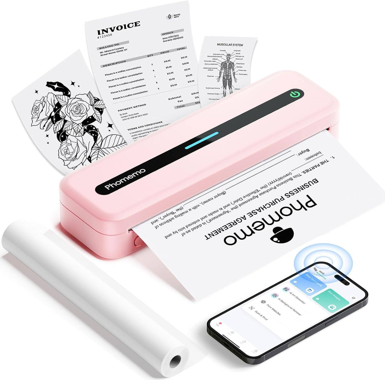 Phomemo - M832 Portable Mini Wireless Printer for Travel and Home, support A4 size paper, with built-in paper bin - Pink