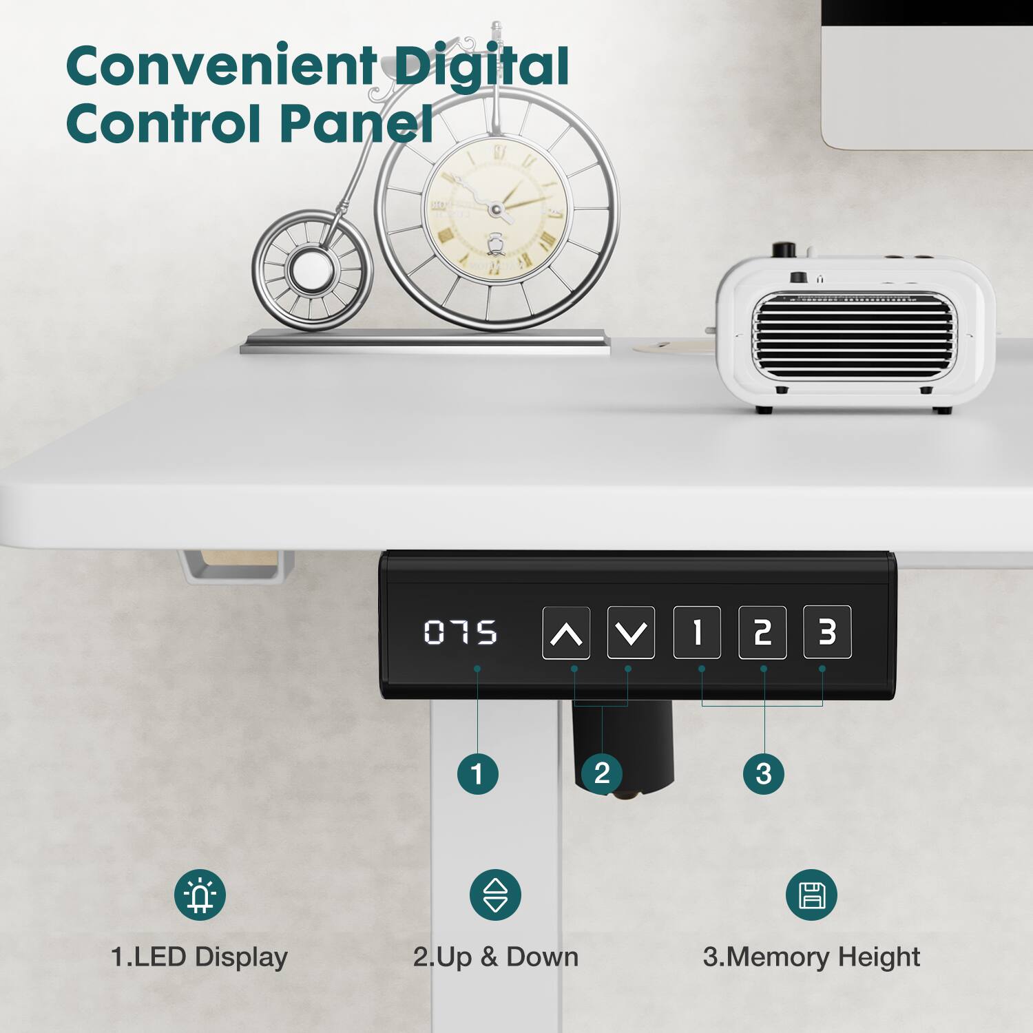 Convenient Digital Control Panel: 1. LED Display 2. Up & Down 3. Memory Height