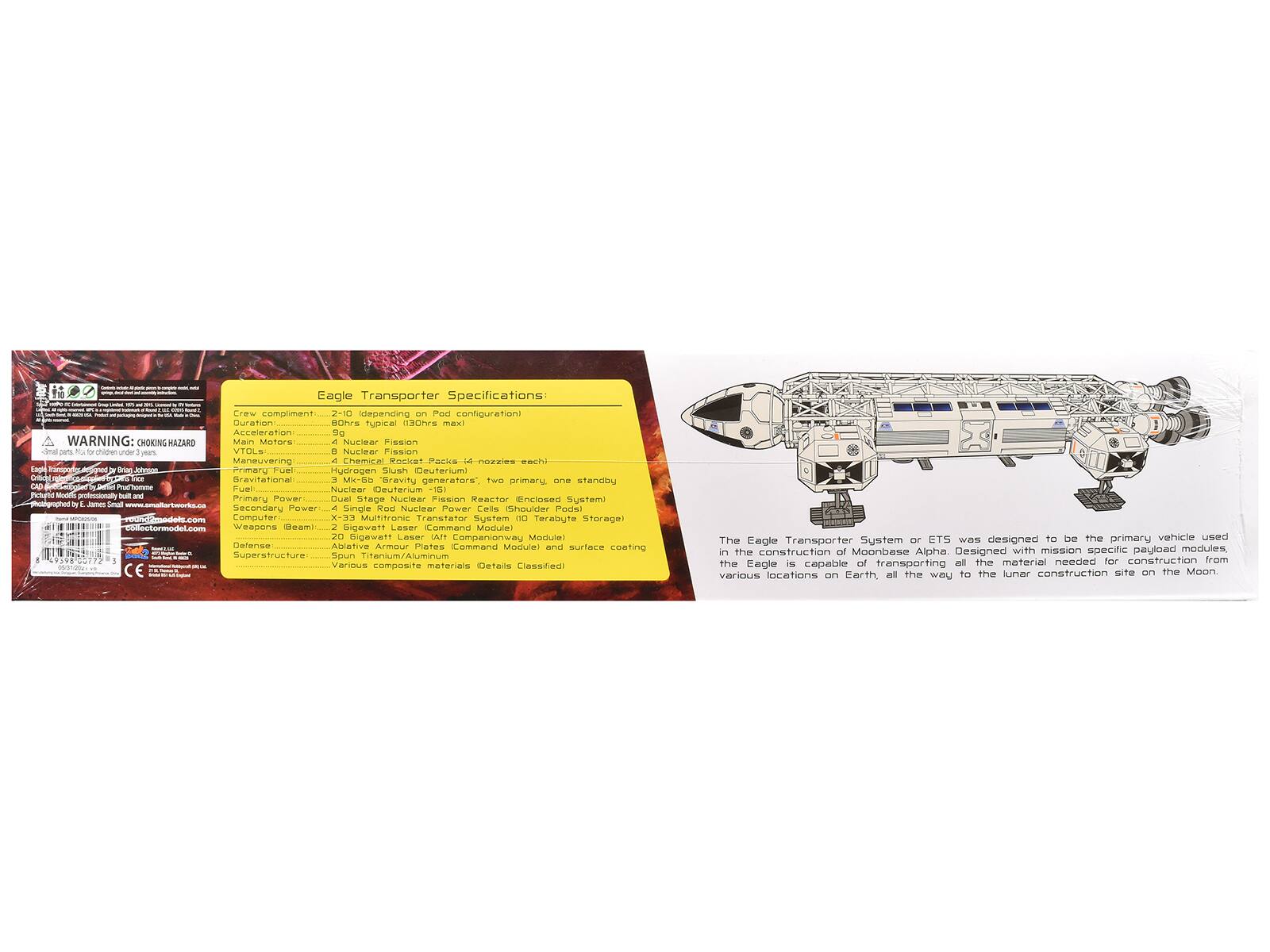 Eagle Transporter Specifications:

- Crew compliment: 2-10 (depending on Pad configuration)
- Duration: 80hrs typical (130hrs max)
- VTOLs: 8 Nuclear Fission Packs (14-nozzles each)
- Main Motors: 4 Nuclear Fission Packs (14-nozzles each)
- Primary Fuel: Hydrogen Slush (Deuterium)
- Gravitational: 3 Mk-56 Gravity Generators
- Primary Power: Dual Stage Nuclear Fission Reactor (Enclosed System)
- Secondary Power: Single Rod Nuclear Fission Reactor (Enclosed System)
- Weapons: 2 Gigawatt Laser (Command Module)
- Defense: Ablative Armour/Plasma Shield (Command Module)
- Superstructure: Various composite materials (Details Classified)

The Eagle Transporter System or ETS was designed to be the primary vehicle used in the construction of the Moonbase Alpha. Designed to carry loaded modules, Earth, all the way to the lunar construction site on the Moon.