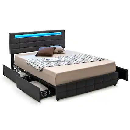Front. Costway - Costway Upholstered Queen LED Lights Bed Headboard Drawers Solid Wooden Slat Platform - Gray.