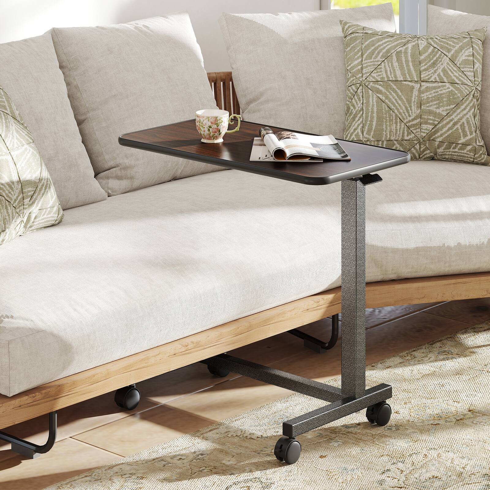Alt View 9. Costway - Costway Overbed Table Height Adjustable Bedside Table with Sturdy H-Shaped Base - Walnut.