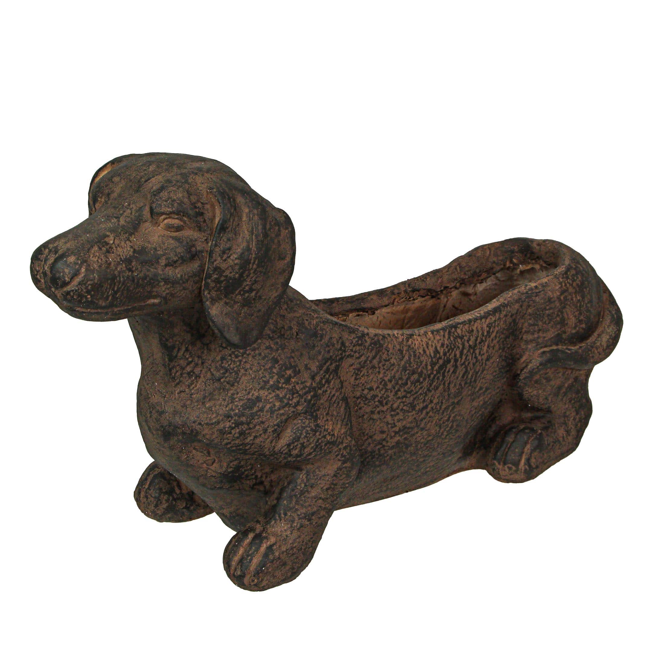 Zeckos - Resin Distressed Rustic Finish Dachshund Dog Indoor Outdoor Planter Pot - Brown