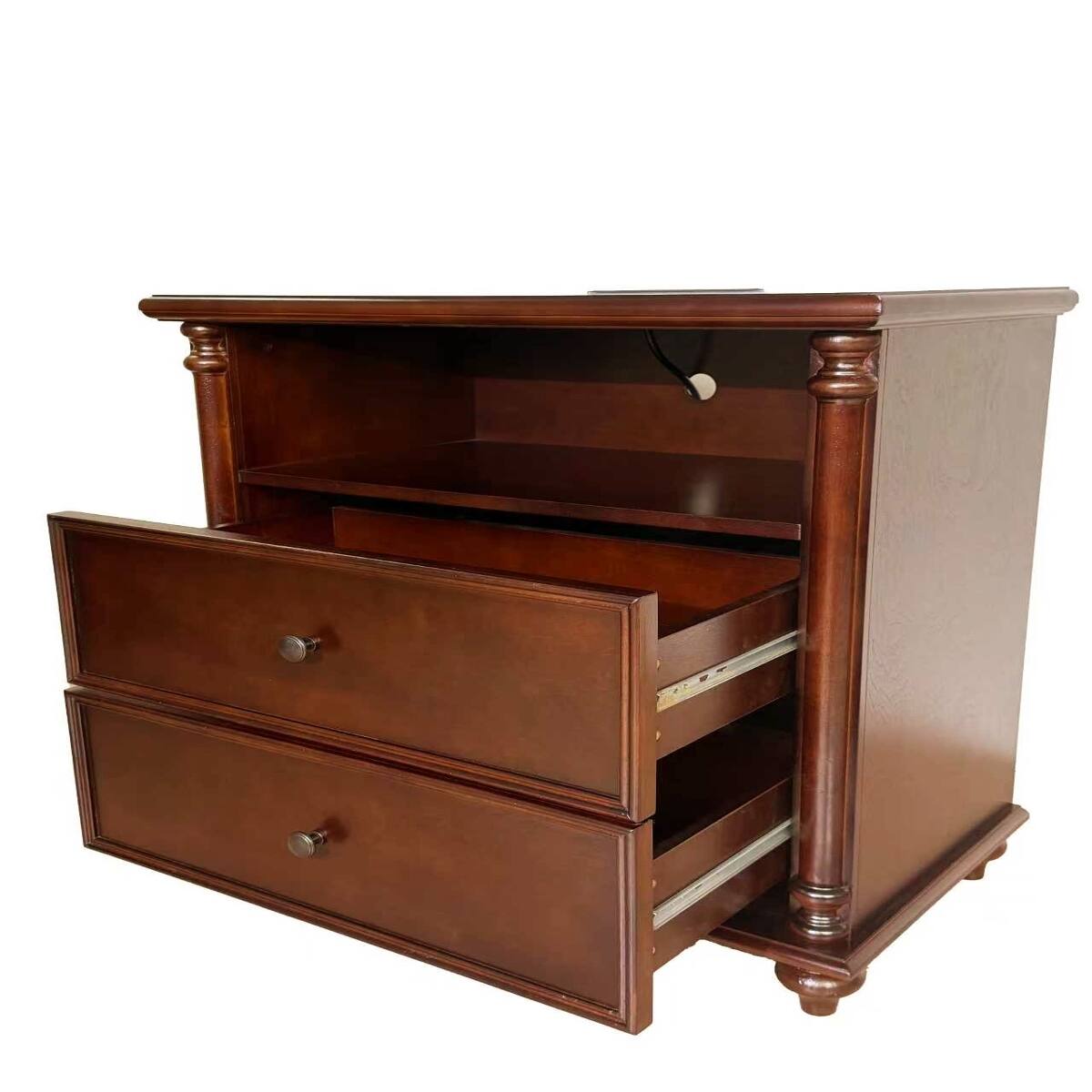 Alt View 2. Loheer - Loheer Walnut Nightstand with Charging Station, Two Drawer Bedside Table, Rustic Brown, Twenty Eight Inch Wide - Walnut.