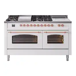 ILVE - Nostalgie II 60 inch Dual Fuel Range with 7 Burners + Griddle (Liquid Propane, White, Copper Trim) - White