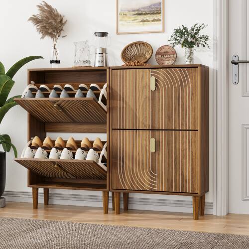 Left. LUCKY ONE - 23.6in Freestanding Shoe Cabinet with 2 Flip Drawers Line Groove Design Metal Handles for Entryway - Brown.