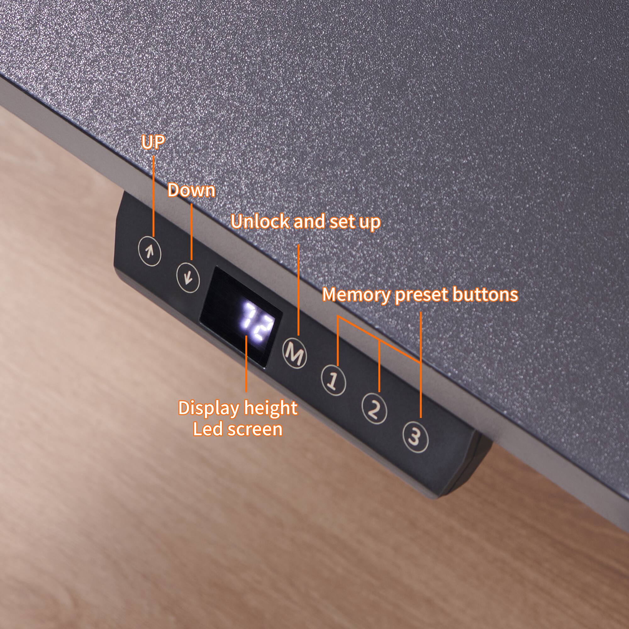 UP  
Down  
Unlock and set up  
Memory preset buttons  
Display height  
Led screen  
1  
2  
3