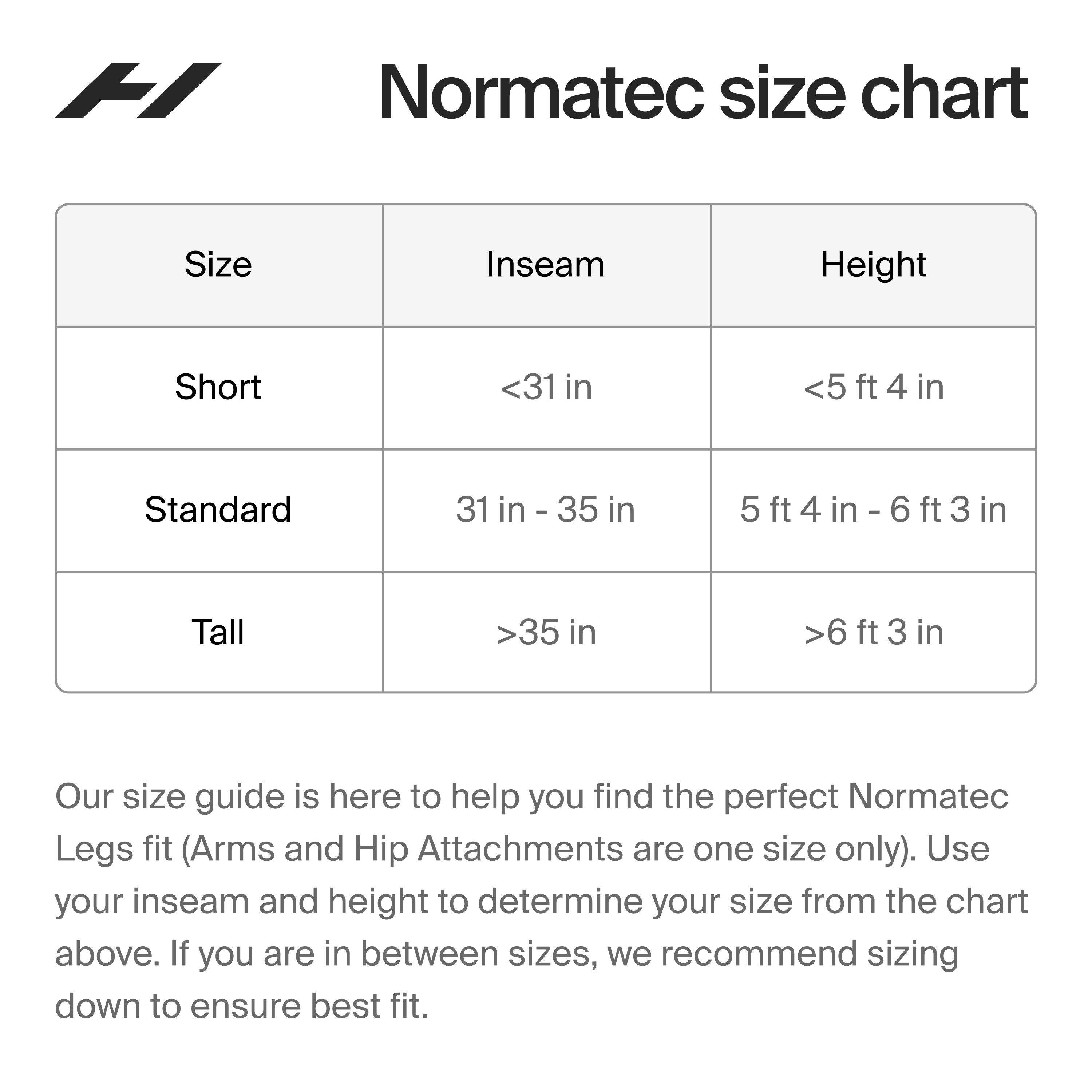 Normatec size chart:

1. Size: Inseam Height
2. Short: <31 in <5 ft 4 in
3. Standard: 31 in 5 ft 4 in - 6 ft 3 in
4. Tall: 35 in 6 ft 3 in

Our size guide is here to help you find the perfect Normatec Legs fit (Arms and Hip Attachments are one size only). Use your inseam and height to determine your size from the chart above. If you are in between sizes, we recommend sizing down to ensure best fit.