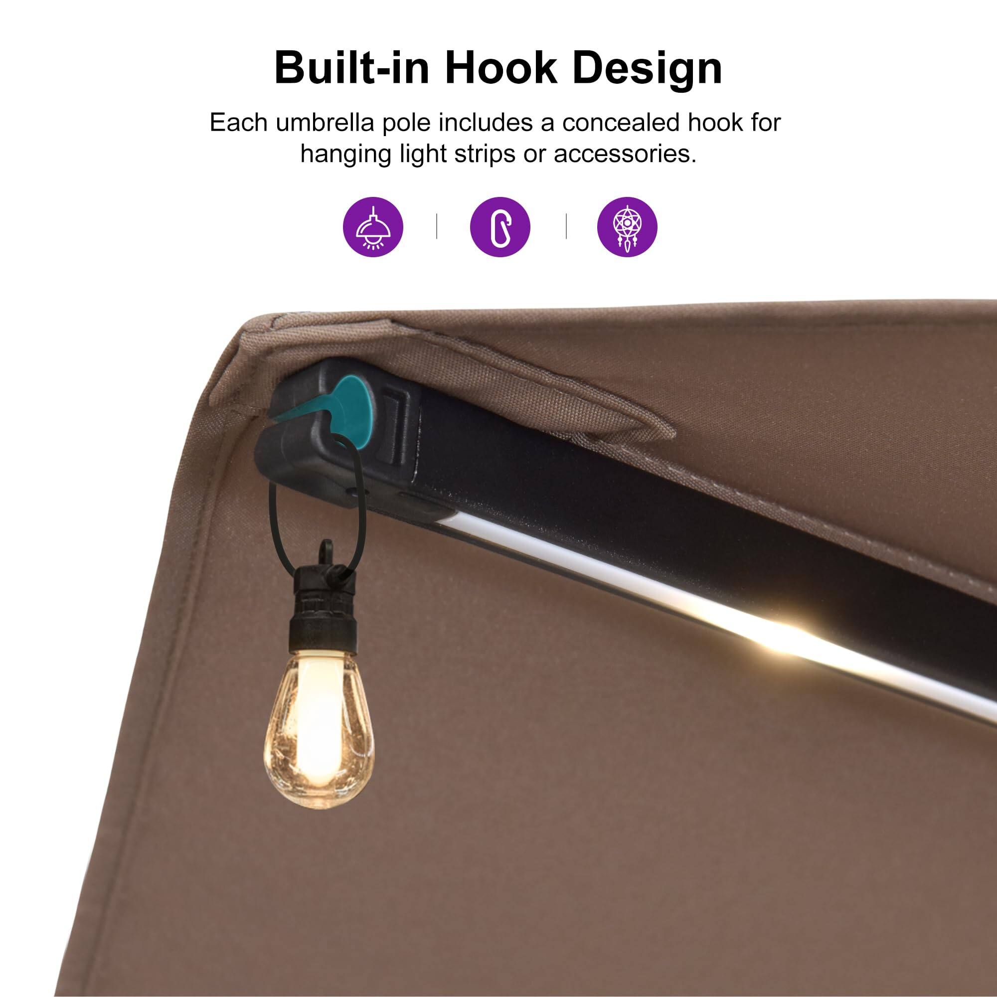 Built-in Hook Design  
Each umbrella pole includes a concealed hook for hanging light strips or accessories.