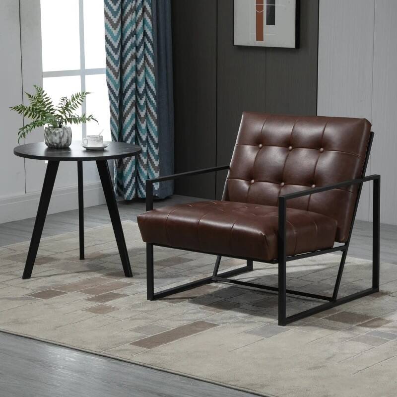 Angle. Hivvago - Retro Tufted Faux Leather Metal Frame Accent Chair - Brown - Brown.