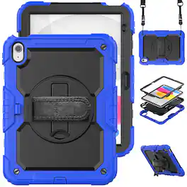Dteck - For Apple iPad 11"(A16 chip 2025)&iPad 10th 2022 Three-Layer Kickstand Shoulder Strap Case Built-in Screen Protector - Blue