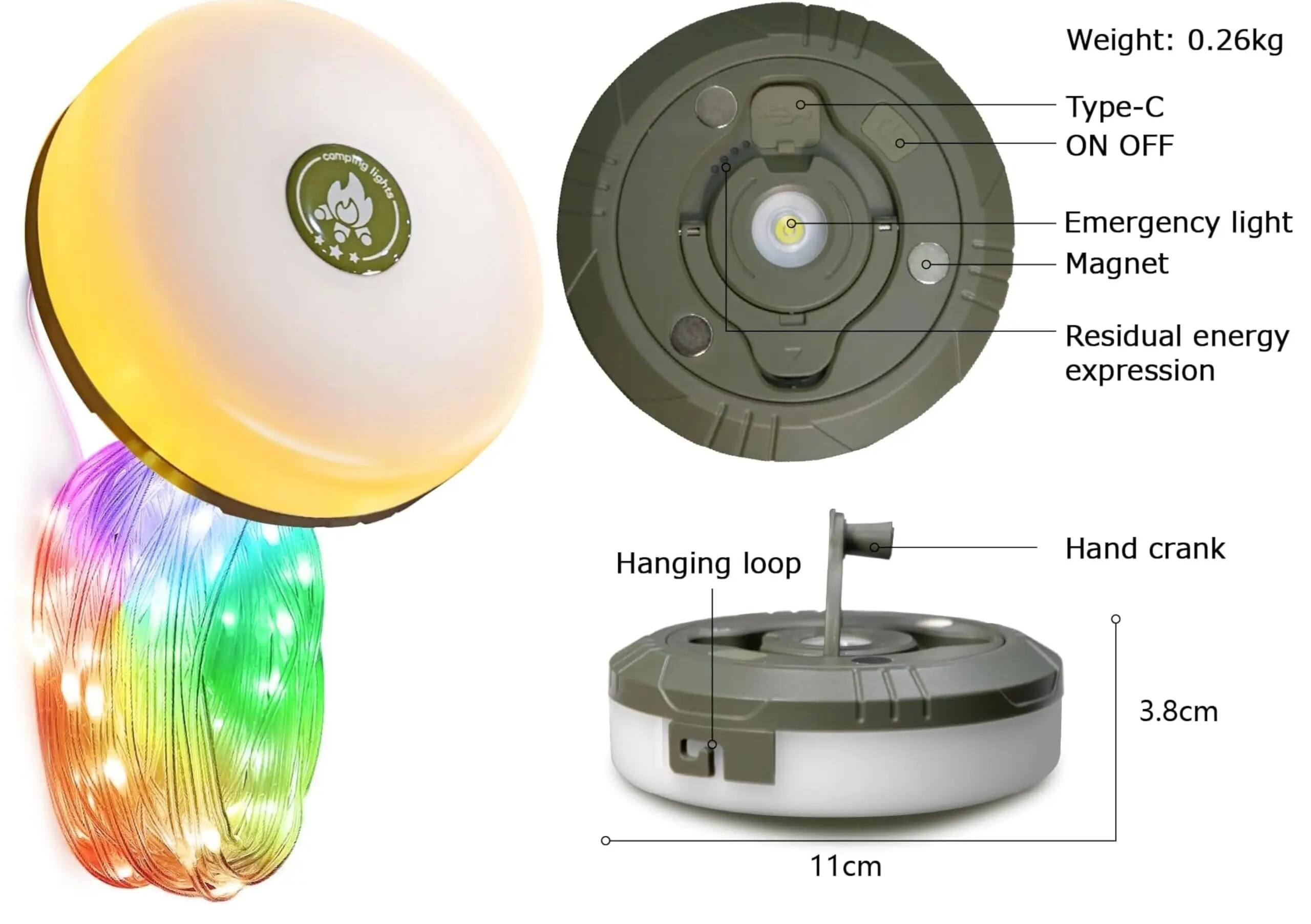 Weight: 0.26kg  
comping lights  
Type-C ON OFF Emergency light Magnet  
Residual energy expression  
Hanging loop  
Hand crank  
3.8cm  
11 cm