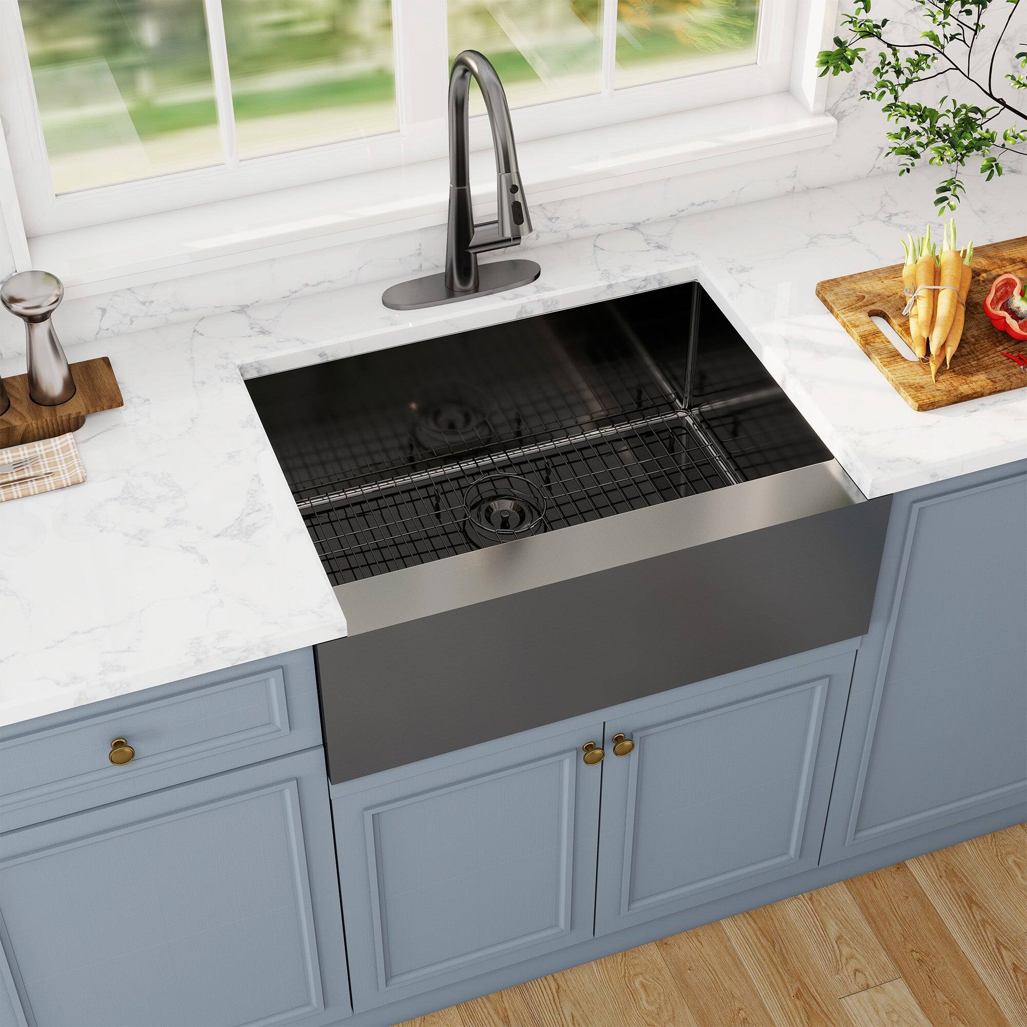 Alt View 4. Boyel Living - 30 in. Farmhouse Apron-Front Single Bowl 18-Gauge Gray Stainless Steel Kitchen Sink with Bottom Grid and Strainer Basket - Gray.