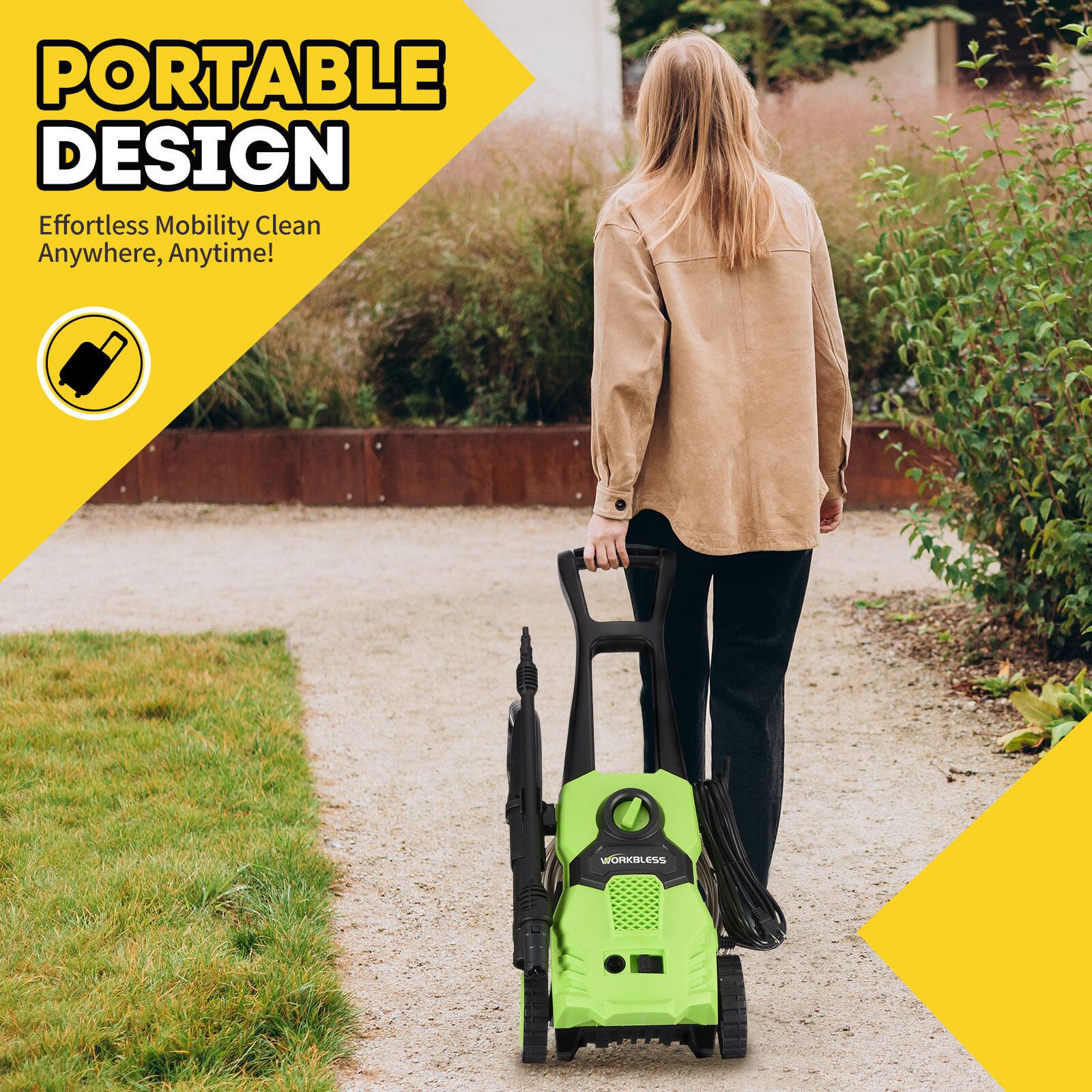 PORTABLE DESIGN  
Effortless Mobility Clean Anywhere, Anytime!  
WORKBLESS