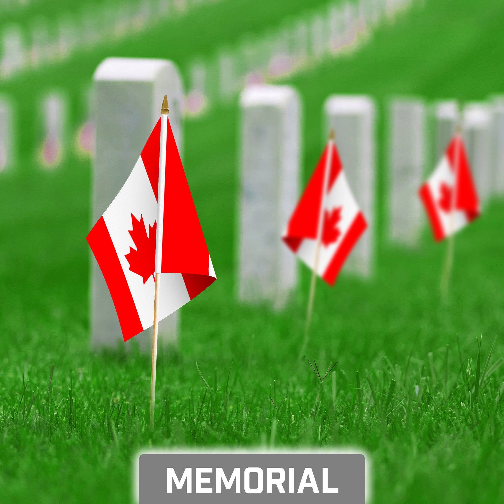 Back. G128 - 30-Pack Handheld Canada Stick Flags, 8 x 12 in, 150D Polyester with Wooden Pole and Gold Spear Tip. - Assorted Colors.