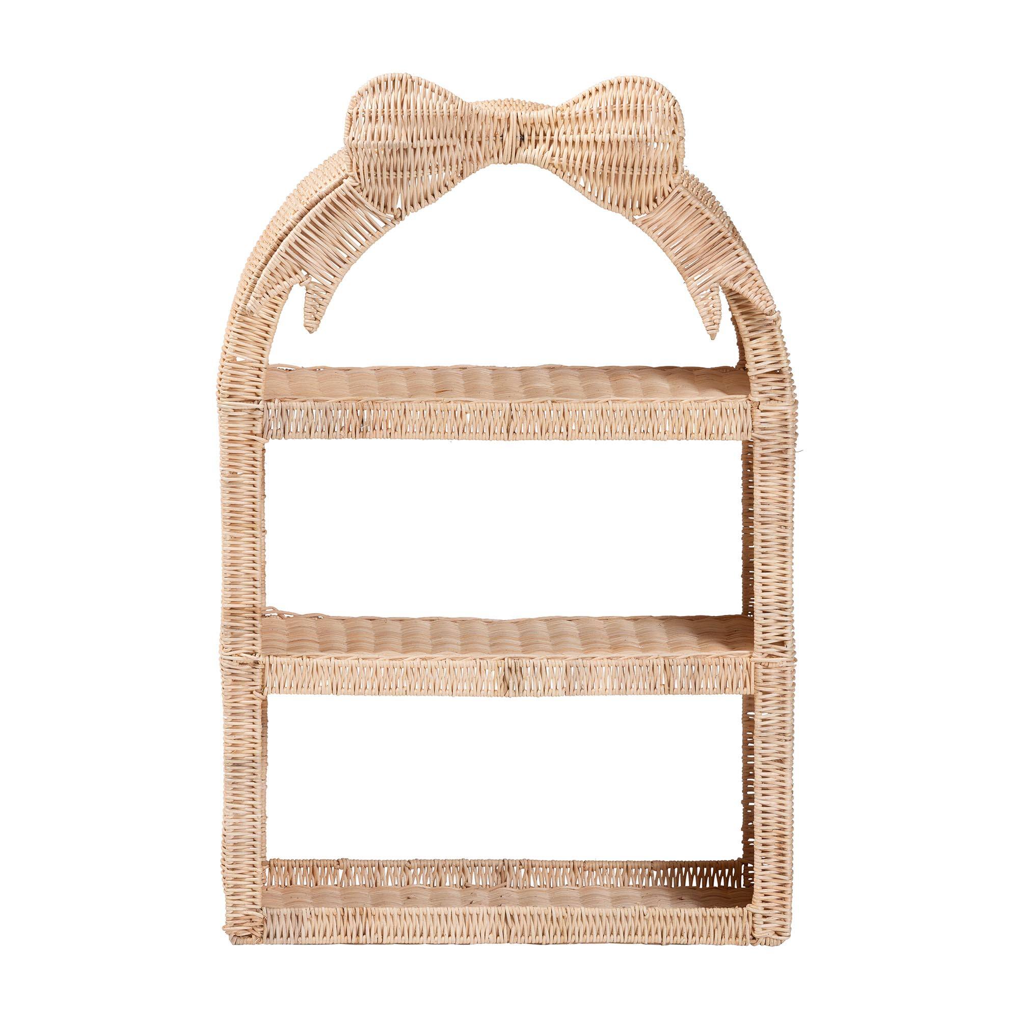 Angle. bali & pari - bali & pari Creusa Natural Rattan Wall Shelf - 3-Tier Decorative Storage Rack with Arched Frame and Woven Bow Accent - Natural Brown.