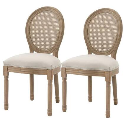 Front. SlickBlue - Set of 2 Vintage Upholstered Dining Chairs with Armless Rattan Back - Beige, White.