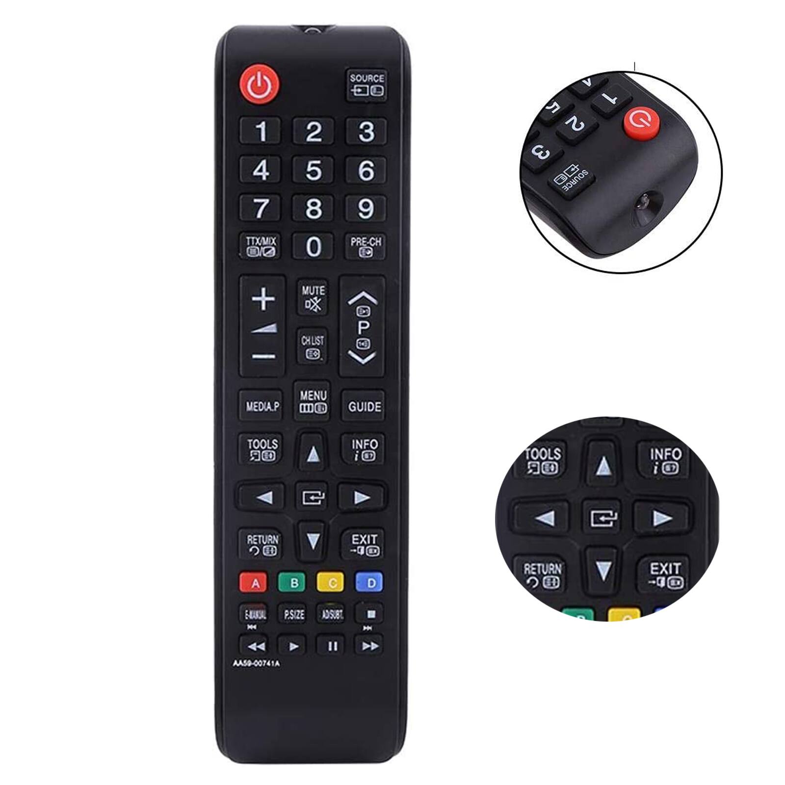 Sure, here is the corrected and grouped text from the image:

**Top Section:**
- SOURCE
- 1 2 3
- 4 5 6
- 7 8 9
- 0

**Middle Section:**
- TTX/MIX
- PRE-CH
- MUTE
- CHLIST
- MENU
- GUIDE
- MEDIA P
- TOOLS
- INFO
- RETURN
- EXIT

**Bottom Section:**
- A B C D
- P.SIZE
- ADJUST
- AA59-00741A

**Additional Labels:**
- SOURCE
- TOOLS
- INFO
- RETURN
- EXIT

**Power Button:**
- (Red power icon)

**Other Labels:**
- (Red power icon)
- (Icons for TTX/MIX and PRE-CH)
- (Icons for MUTE, CHLIST, MENU, GUIDE, MEDIA P, TOOLS, INFO, RETURN, EXIT)
- (Icons for A, B, C, D, P.SIZE, ADJUST)