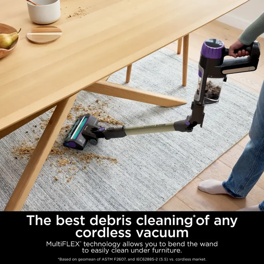 The best debris cleaning of any cordless vacuum. MultiFLEX technology allows you to bend the wand to easily clean under furniture. *Based on geomean of ASTM F2607 and EC62885-2 (5.5) vs. cordless market.