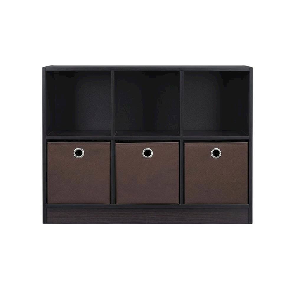 Back. FurniFact - Wooden 3x2 Bookcase with Bins for Organized Storage in Walnut Finish - Dark Walnut.
