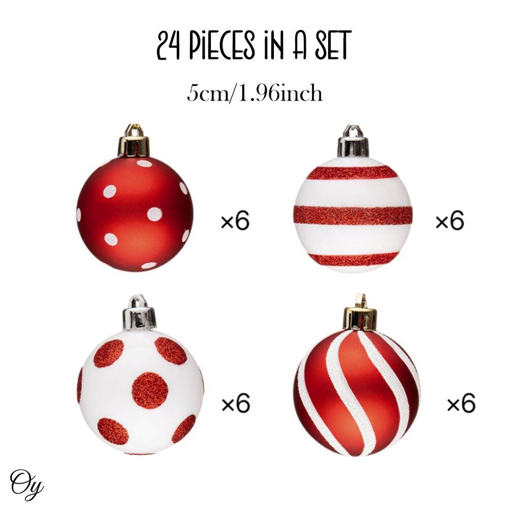 24 PIECES IN A SET  
5cm/1.96inch  

- Red with white polka dots x6  
- White with red glitter polka dots x6  
- Red and white striped x6  
- Red and white striped x6  

Oy