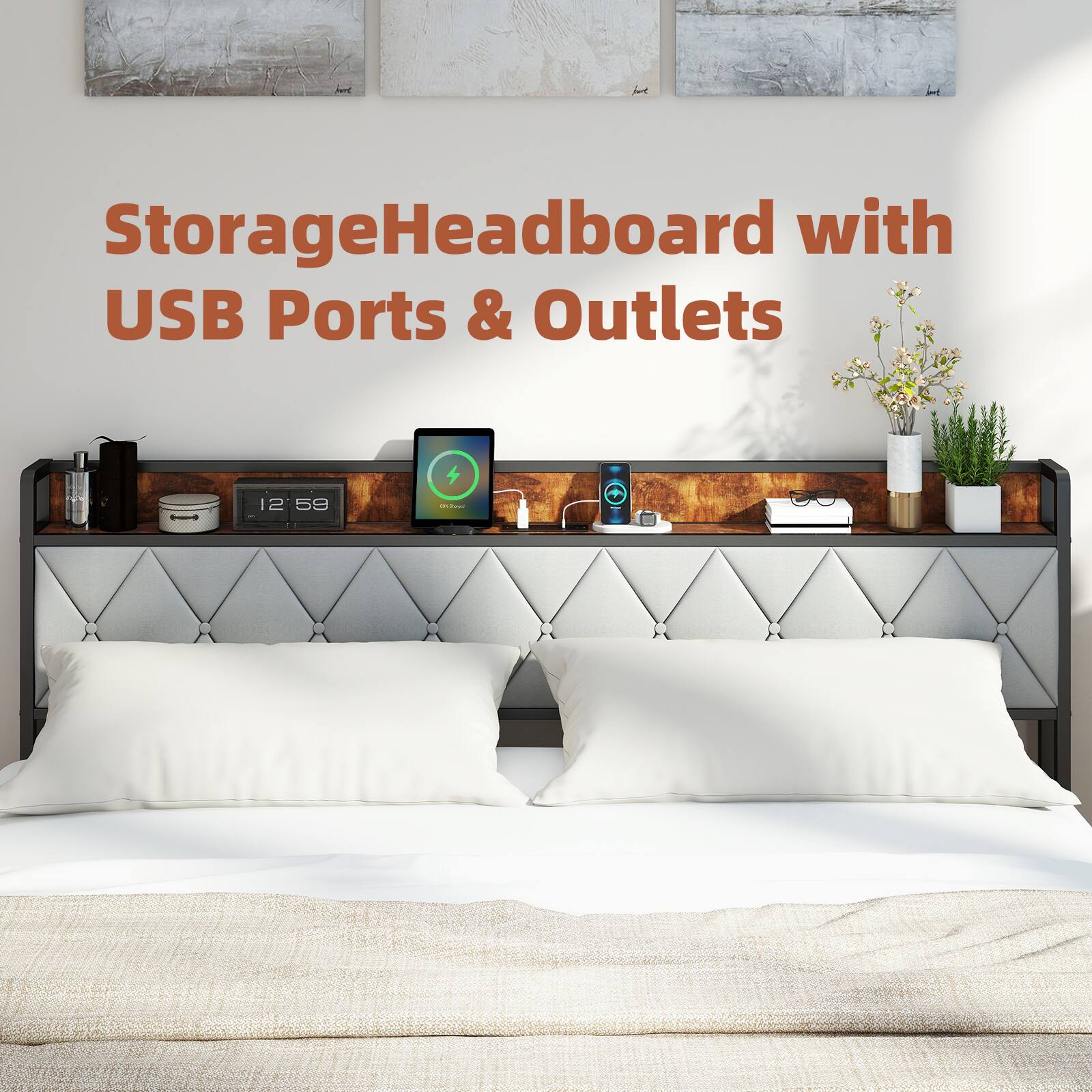 Storage Headboard with USB Ports & Outlets
